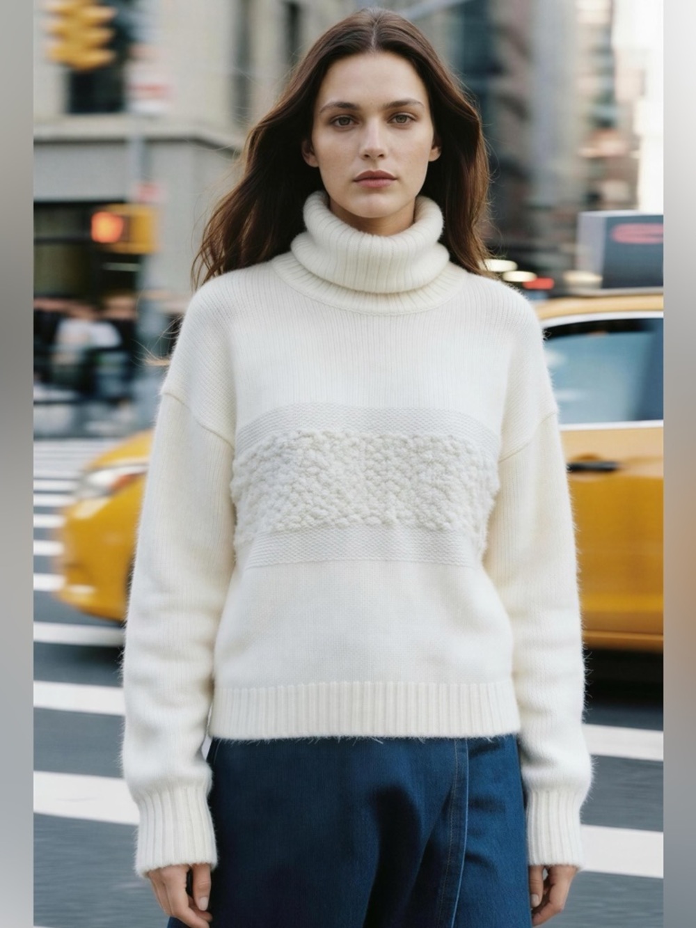 VENUS Soft Cream Cowlneck Textured Long Sleeve Sweater